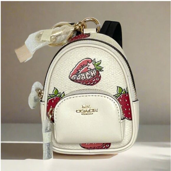 Coach Mini Court Strawberry Backpack Bag Charm White CA093 Keychain ORGPKG - Picture 1 of 12